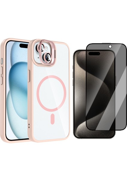 iPhone 13 Kılıf Standlı ve Kamera Lens Hediyeli M-Safe Şarj Özellikli Zore Etro Kapak + Hayalet Ekran Koruyucu