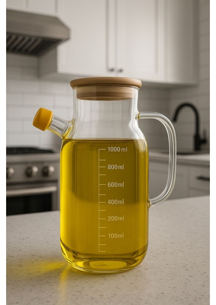 1000 ml Cam Yağdanlık, Bambu Kapak, Ölçekli ve Silikon Tıpalı, Şık ve Kullanışlı
