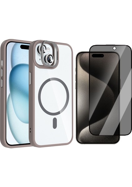 iPhone 13 Kılıf Standlı ve Kamera Lens Hediyeli M-Safe Şarj Özellikli Zore Etro Kapak + Hayalet Ekran Koruyucu