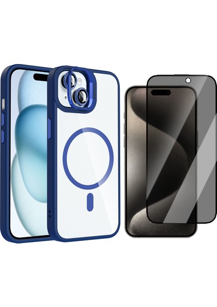 iPhone 13 Kılıf Standlı ve Kamera Lens Hediyeli M-Safe Şarj Özellikli Zore Etro Kapak + Hayalet Ekran Koruyucu