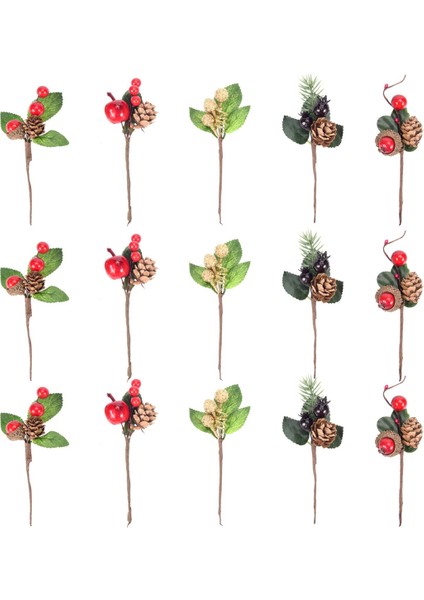 Tatil Çiçek Dekoru ve El Sanatları Için 15 Adet Kırmızı Noel Meyvesi ve Kozalaklı Noel Ağacı Çubukları (Yurt Dışından) fiyatları
