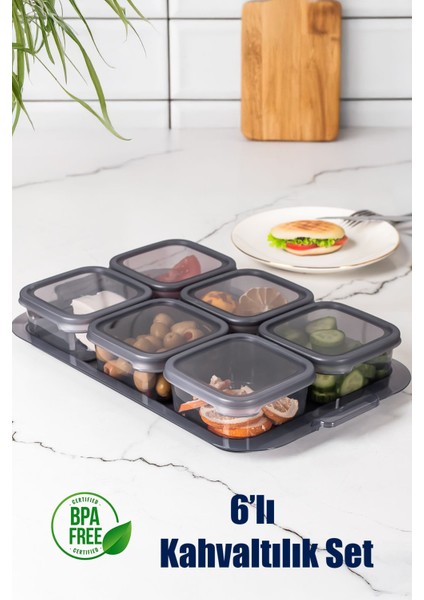 6'lı Gri Saklama Kabı Seti, Silikon Kapaklı, Tepsili Kahvaltılık Organizer