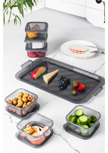 6'lı Gri Saklama Kabı Seti, Silikon Kapaklı, Tepsili Kahvaltılık Organizer fiyatları