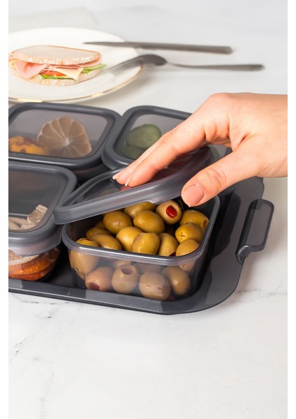 6'lı Gri Saklama Kabı Seti, Silikon Kapaklı, Tepsili Kahvaltılık Organizer modelleri