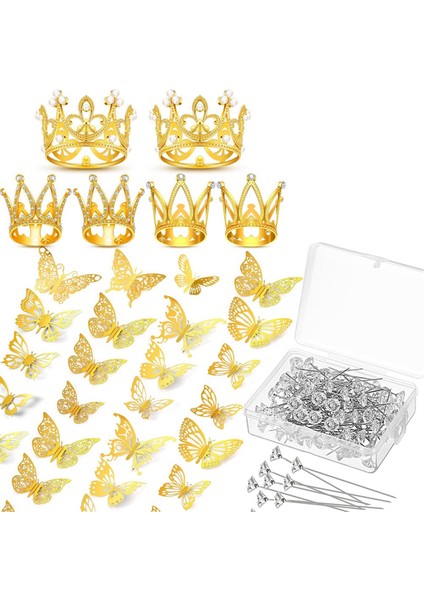 6 Taçlı Pasta Süsü, 100 Korsaj Iğnesi, 60 Kelebek ve Altın Kelebekler ile Çiçek Buketi Için 166 Parça Taç Dekoru (Yurt Dışından)