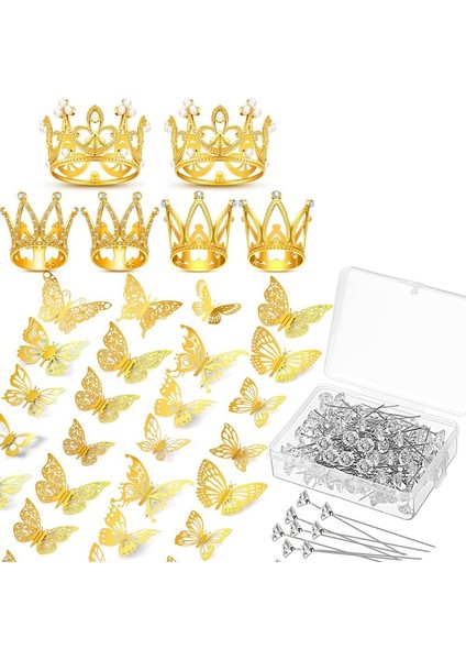 6 Taçlı Pasta Süsü, 100 Korsaj Iğnesi, 60 Kelebek ve Altın Kelebekler ile Çiçek Buketi Için 166 Parça Taç Dekoru (Yurt Dışından) fiyatları