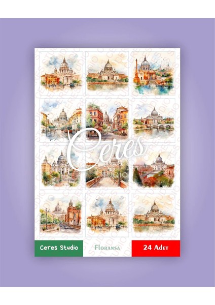 Italya Floransa Tema Sticker Set Italy - Florance 2 Sayfa 24 Adet Etiket Planlayıcı Bullet Journal