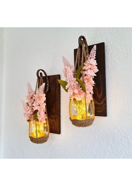 Pembe Şebboy Çiçekli LED Aplik, Ceviz Renkli, Ikili Set Duvar Dekoru modelleri