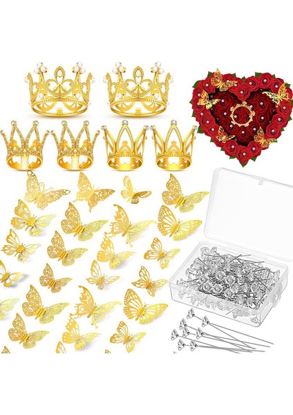 6 Taçlı Pasta Süsü, 100 Korsaj Iğnesi, 60 Kelebek ve Altın Kelebekler ile Çiçek Buketi Için 166 Parça Taç Dekoru (Yurt Dışından) modelleri