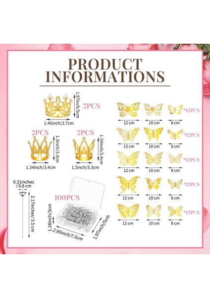 6 Taçlı Pasta Süsü, 100 Korsaj Iğnesi, 60 Kelebek ve Altın Kelebekler ile Çiçek Buketi Için 166 Parça Taç Dekoru (Yurt Dışından) fırsatları