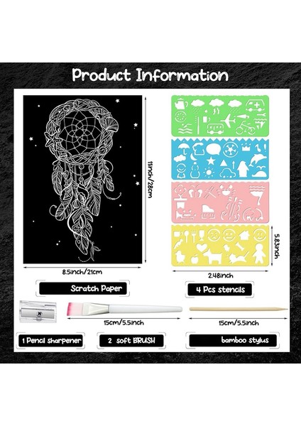 187 Parçalı Çizik Kağıdı Sanat Seti Çizik Tahtası El Sanatları Kitleri Siyah Kaplamalı Çizik Kağıdı Ahşap Sanat Kalemi ve Şablonlar 8,5 x 11 Inç (Yurt Dışından) indirimleri
