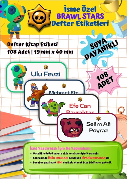 Brawl Stars Etiketi Defter Etiketi Kitap Etiketi Kişiye Özel Suya Dayanıklı Isim Yazılabilien