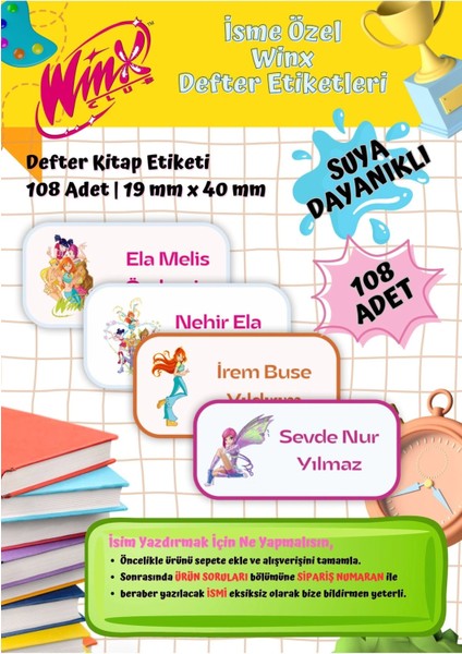 Winx Okul Etiketi Defter Etiketi Kitap Etiketi Kişiye Özel Suya Dayanıklı Isim Yazılabilien