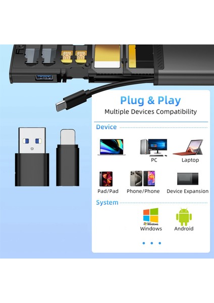 13'ü 1 Arada USB Type-C Otg Adaptörü Çok Işlevli Veri Kablosu Çubuk Sım Kiti Tf Kart Hafıza Okuyucu Saklama Kutusu Tutucu (Yurt Dışından)