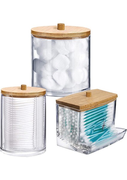 Banyo Için 3 Adet Şeffaf Plastik Pamuklu Çubuk Dispenseri ve Qtip Tutucu - Banyo Tuzları, Yuvarlaklar, Akrilik ve Ahşap Saklama Kabı (Yurt Dışından)