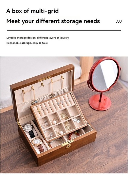 Ahşap Vintage Kilitlenebilir Mücevher Saklama Kutusu, Kapaklı Masif Ahşap Mücevher Kutusu, Büyük Kapasiteli, Bölmeli Saklama Kutusu (Yurt Dışından) indirimleri