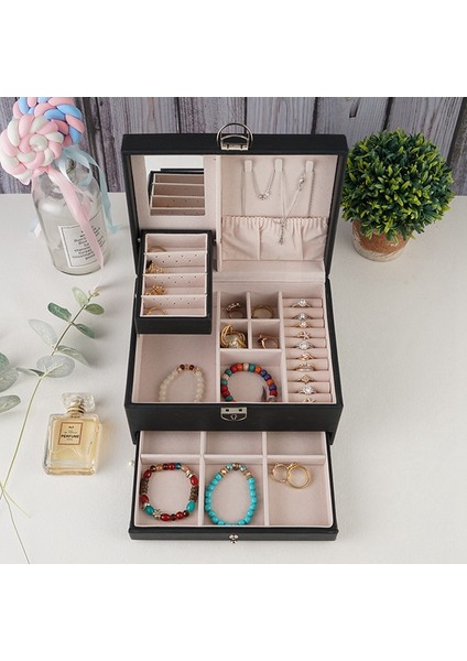 Yeni Pu Çift Çekmeceli Mücevher Kutusu Büyük Kapasiteli Mücevher Kutusu Yüzük Küpe Kolye Mücevher Saklama Kutusu (Yurt Dışından) indirimleri