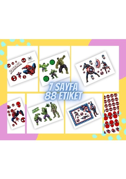 7 Sayfa 88 Adet Süper Kahraman Etiket Sticker Set Spiderman - Hulk - Captain America