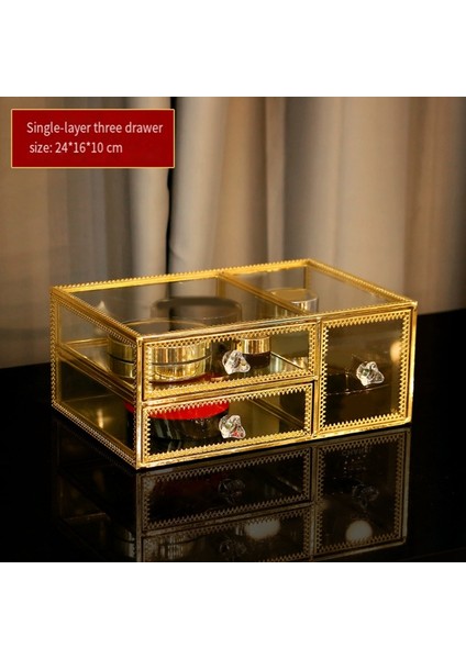 3 Çekmeceli Cam Düzenleyici - Altın Dokunuşlu Şık Tuvalet Masası Saklama Alanı, Rujlar ve Fırçalar Için Harika, Net Görünürlük (Yurt Dışından) modelleri
