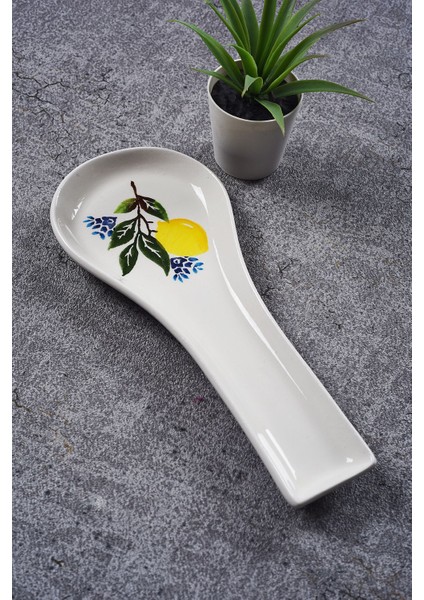 Sarı Seramik Limon Desenli Kaşıklık ve Altlık Seti