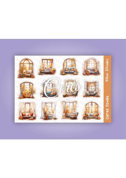 Vintage Pencere Iç Mekan Sonbahar Tema Sticker Set 2 Sayfa 24 Adet Etiket Planlayıcı Bullet Journal