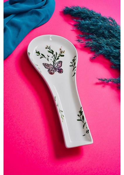 Renkli Seramik Kelebek Desenli Kaşıklık ve Altlık Takımı