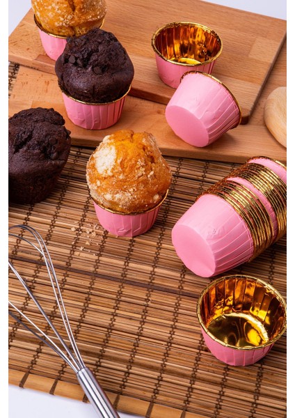 Pembe Parlak Karton 25'li Kek Kalıbı, Gold Kenar, Fırında Kullanım, 6.5x4 cm indirimleri