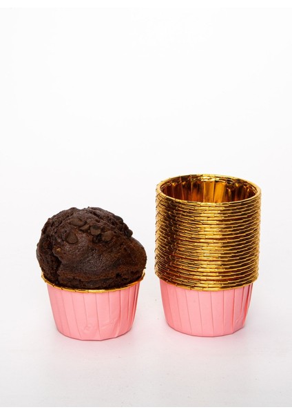 Pembe Parlak Karton 25'li Kek Kalıbı, Gold Kenar, Fırında Kullanım, 6.5x4 cm