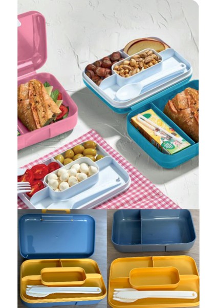 Mavi Katlı Bölmeli Kilitli Saklama Kutusu ve Kaşık Seti, Okul ve Ev Için Uygun fiyatları