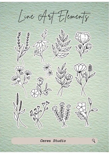 Lineart Elements Flower Çiçek Tema Sticker Etiket 2 Sayfa 35 Adet Etiket