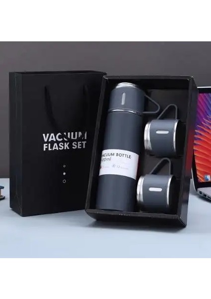 Bir Fincan Üç Kapak Termos Fincan Seti 304 Paslanmaz Çelik Saplı Kapak Hediye Kupası Erkek ve Kadın Taşınabilir Hediye Kutusu Set Kapasitesi: 401-500ML/RENK: Koyu Gri (Yurt Dışından)