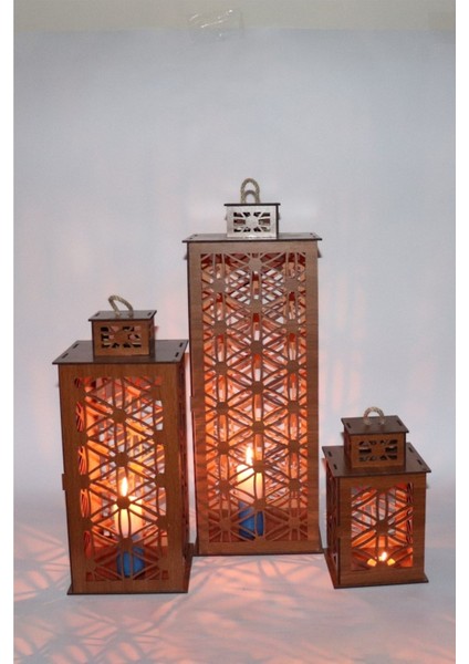 Kahverengi Ahşap Fener Mumluk 3'lü Set (Yaşamçiçeği Model)
