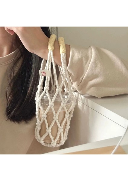 Ins Internet Ünlü Su Kupası Net Torba El Dokusu Taşınabilir Çanta Sütü Çay Kahve Kupası Su Kupası Set Seyahat Kupası Set Renk: Beyaz (Yurt Dışından)