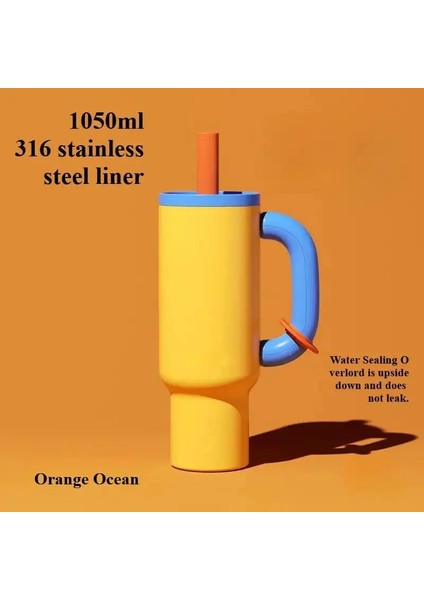 1050ML Buzlu Kahve Tumbler Araba Termos Kupası Saman Saplı Paslanmaz Çelik Şişe Büyük Kapasiteli Içecek Yazılar Açık Su Şişesi Kapasite: 1050ML/RENK: Turuncu (Yurt Dışından)