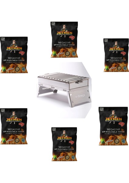 M1.1 Yeni Versiyon Alev Yapmayan Katlanabilir Inox Mangal ve Jetmen Megastar Kömür 12 kg