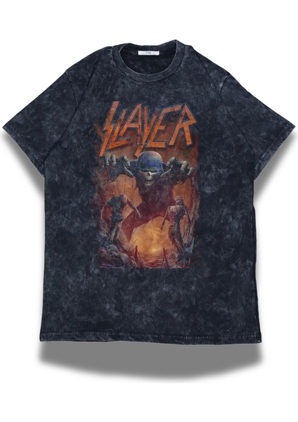 Unisex Slayer Yazılı Yıkamalı T-Shirt, Oversize Rock Band Baskılı Retro Tişört
