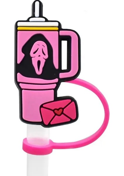 Pembe Cadılar Bayramı Film Karikatür Silikon Saman Topper, Cam Kupa Için Saman Kapakları, Saplamalı Toz Duruşlu Yeniden Kullanılabilir Renkli 3040 Oz Tumbler: 1pcs-03 (Yurt Dışından)