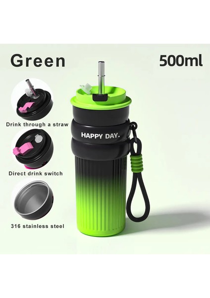 500ML Kahve Kupası Saman Paslanmaz Çelik Termos Kahve Kupa Halat Termo Şişe Kızlar Vakum Şişeleri Seyahat Mücevher Hediye Kupa: 500ML/RENK: Yeşil (Yurt Dışından)