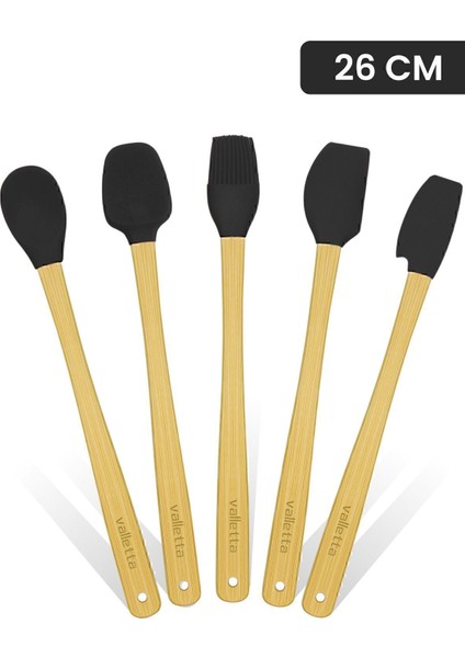 Uzun 26 cm Siyah Bambu Silikon Spatula Seti, 5'li. Dayanıklı ve Şık Mutfak Aleti.
