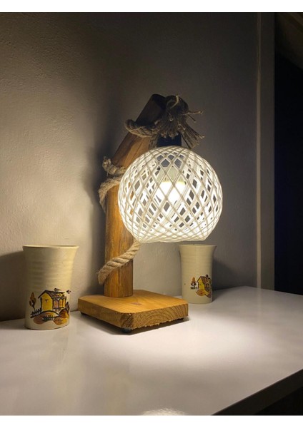 Doğal Ağaç Otantik Seri Lambader Abajur Komidin Üstü Aydınlatma Bej