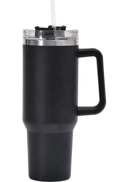 40OZ Paslanmaz Çelik Araba Dağı Kol ve Samanlı Büyük Kapasiteli Su Dağı, Çift Duvarlı Yalıtılmış Seyahat Kupa Tatil Hediyeleri Kapasite: 1200ML 40 Oz/renk: Siyah (Yurt Dışından)