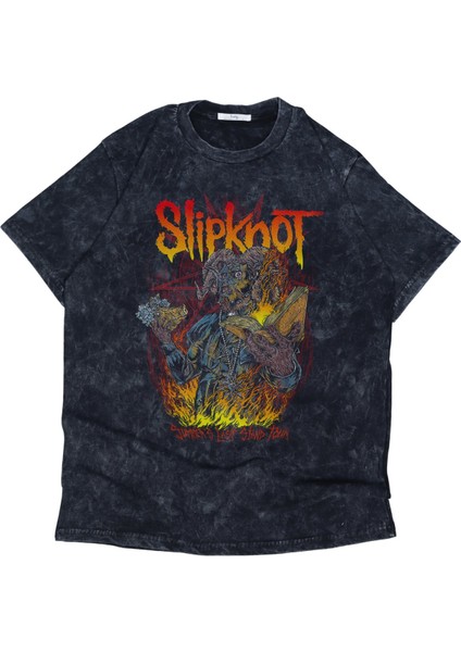 Unisex Summer's Last Stand Tour Yazılı Yıkamalı T-Shirt, Oversize Slipknot Temalı Vintage Tişört