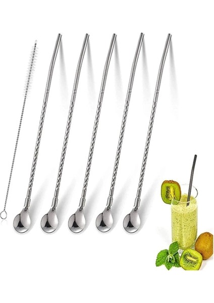6'lı Paslanmaz Krom Pipetli Kokteyl Bar Kaşığı ve Temizleme Fırçası, Gümüş Renk