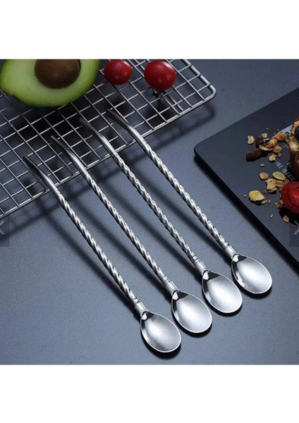 6'lı Paslanmaz Krom Pipetli Kokteyl Bar Kaşığı ve Temizleme Fırçası, Gümüş Renk fırsatları