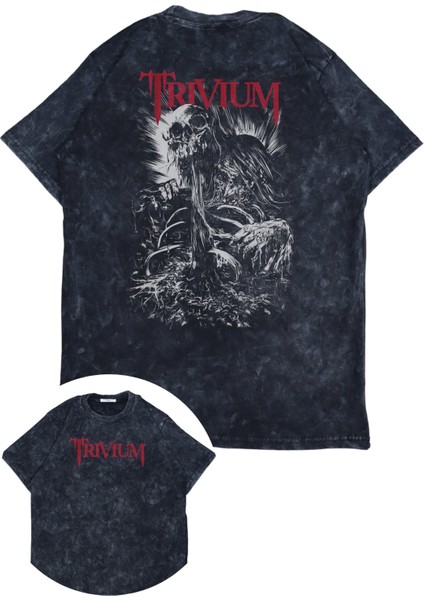 Unisex Trivium Sırt Baskılı Yıkamalı T-Shirt, Oversize Rock Band Trivium Temalı Retro Tişört