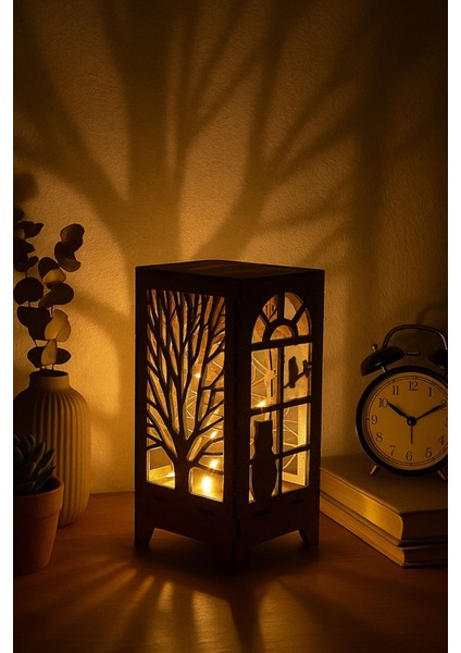 Kahverengi Ahşap Mini Lazer Kesim Masa Lambası, Pilli Peri LED ile Şık Süs