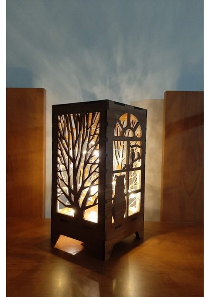 Kahverengi Ahşap Mini Lazer Kesim Masa Lambası, Pilli Peri LED ile Şık Süs fiyatları