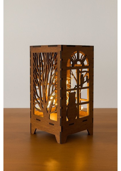 Kahverengi Ahşap Mini Lazer Kesim Masa Lambası, Pilli Peri LED ile Şık Süs modelleri
