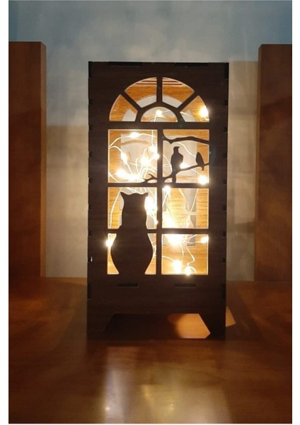 Kahverengi Ahşap Mini Lazer Kesim Masa Lambası, Pilli Peri LED ile Şık Süs fırsatları