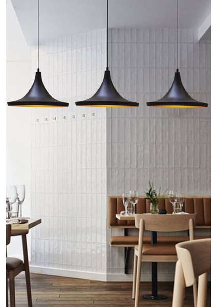 Üçlü Geniş Siyah Sarkıt Lamba, Modern ve Şık Aydınlatma, Oturma ve Mutfak Alanı